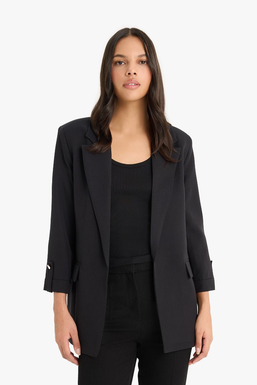 Kadın Siyah Regular Cepli Apoletli Blazer Siyah Ceket