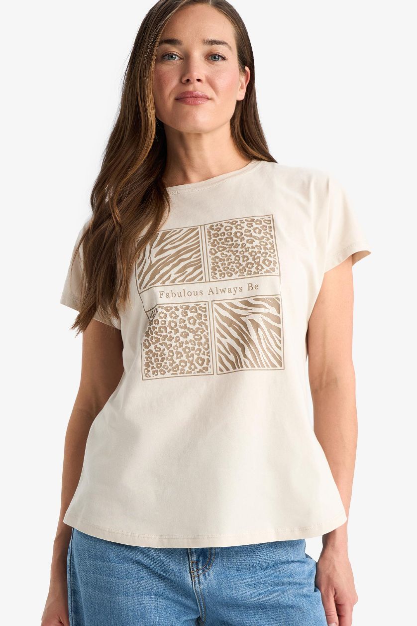 Woman Stone Regular Fit Crew Neck Ethnic Patterned T-Shirt