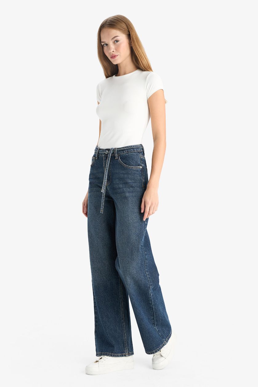 WOMAN Dark Blue Wide Leg Regular Hem Denim Trousers