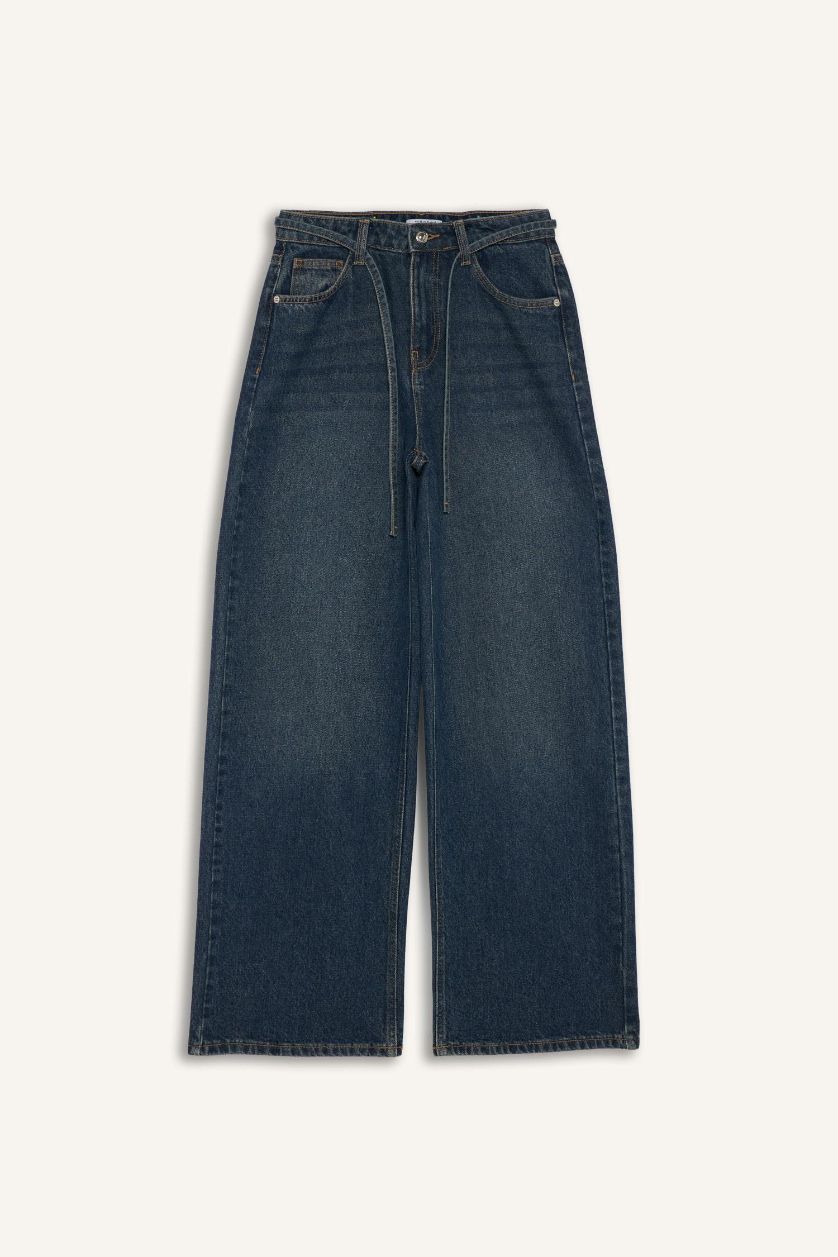 WOMAN Dark Blue Wide Leg Regular Hem Denim Trousers