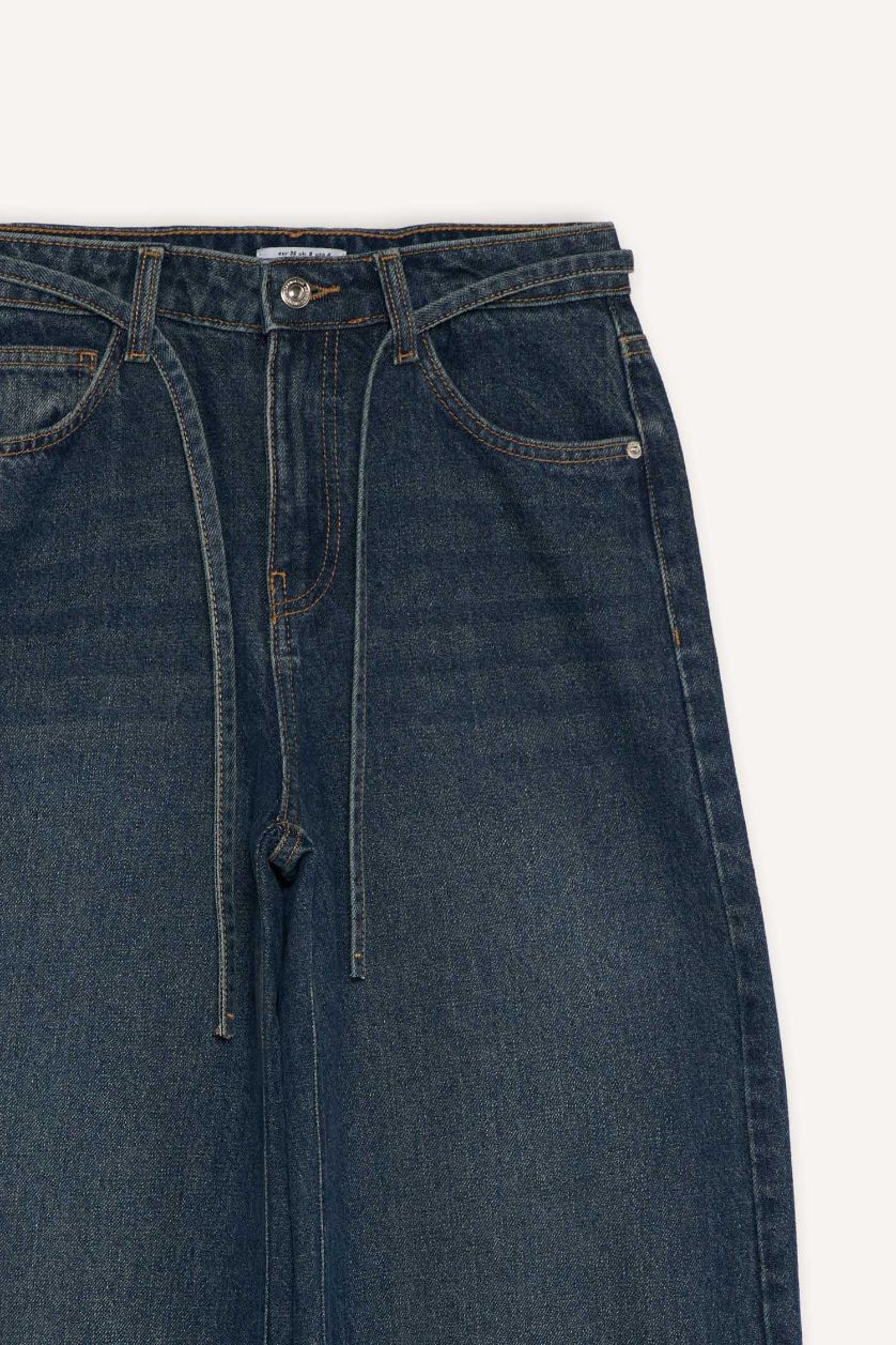 WOMAN Dark Blue Wide Leg Regular Hem Denim Trousers