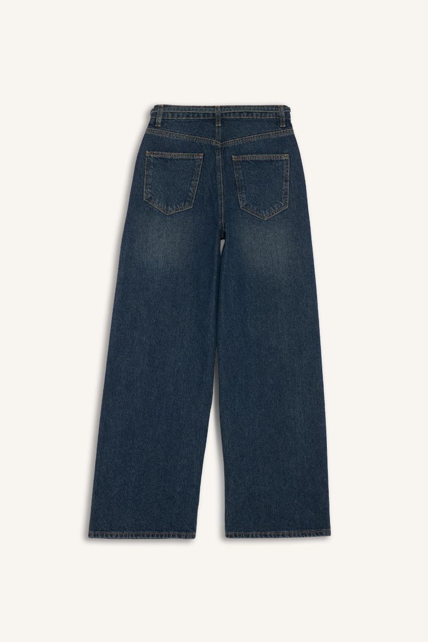 WOMAN Dark Blue Wide Leg Regular Hem Denim Trousers