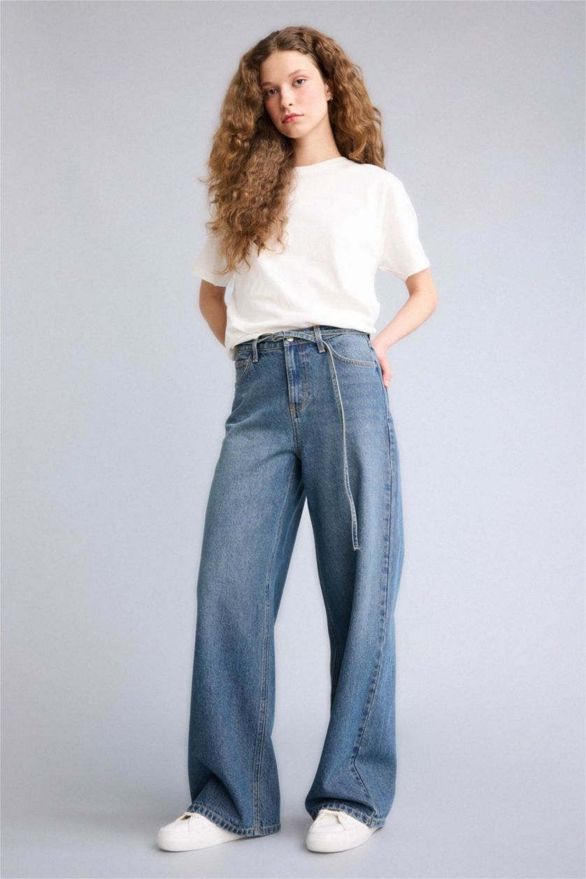 WOMAN Dark Blue Wide Leg Normal Waist Straight Leg Jeans