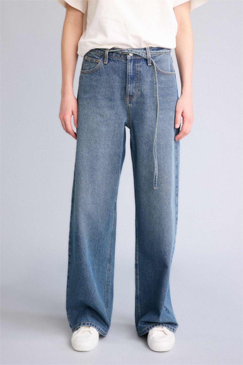 WOMAN Dark Blue Wide Leg Normal Waist Straight Leg Jeans