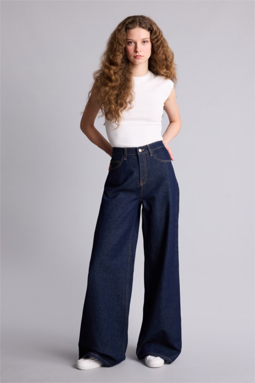 حريمي أسود أزرق بنطلون جينز وايد ليج