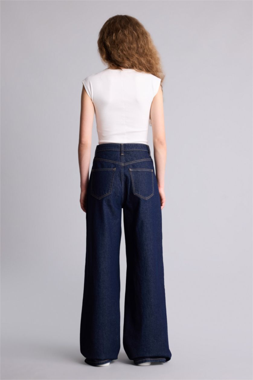 حريمي أسود أزرق بنطلون جينز وايد ليج