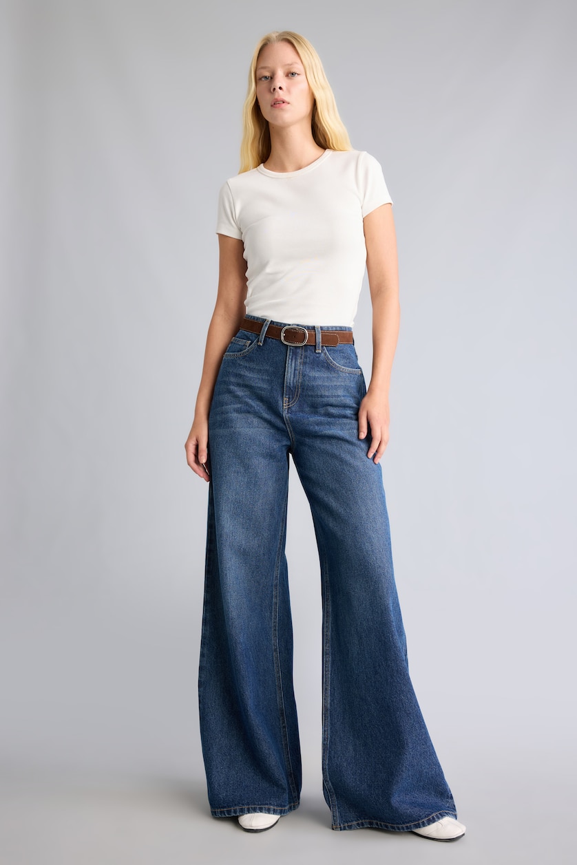 Women Dark Blue High Waist Wide Leg Trousers