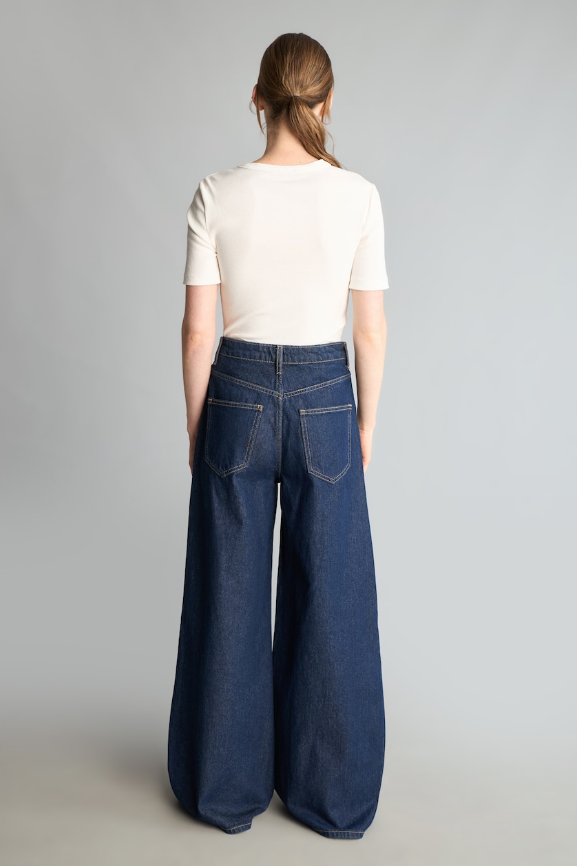 Women Blue Black High Waist Wide Leg Trousers
