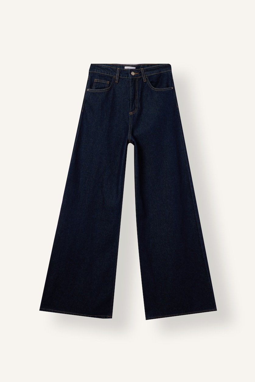Women Blue Black High Waist Wide Leg Trousers