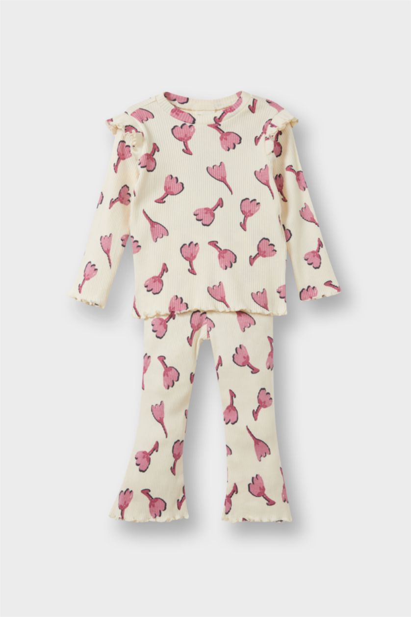 Kız Bebek Ekru Kız Bebek 2'li Takım Çiçekli Fitilli Kaşkorse Sweatshirt İspanyol Paça Tayt