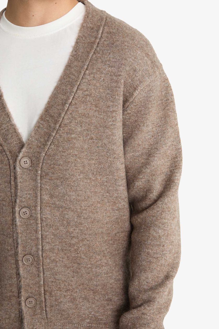 رجال بني فاتح سترة تريكو قصة مريحة بياقة V