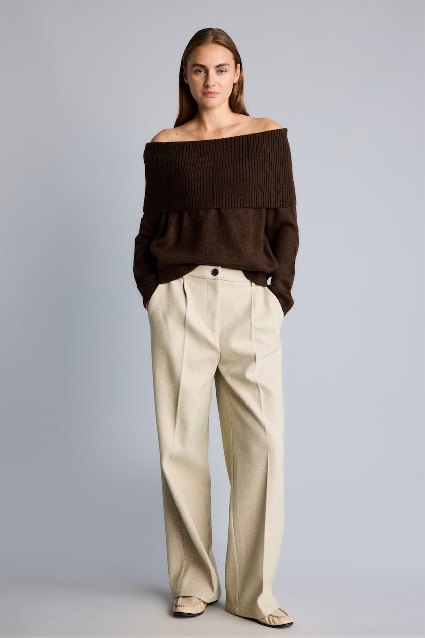 FEMME Beige Pantalon en flanelle à taille haute et jambe large Coupe wide leg
