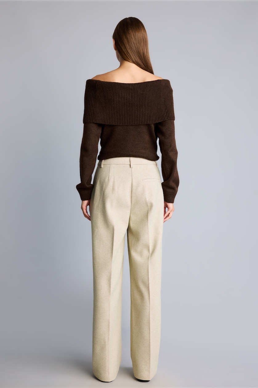 FEMME Beige Pantalon en flanelle à taille haute et jambe large Coupe wide leg