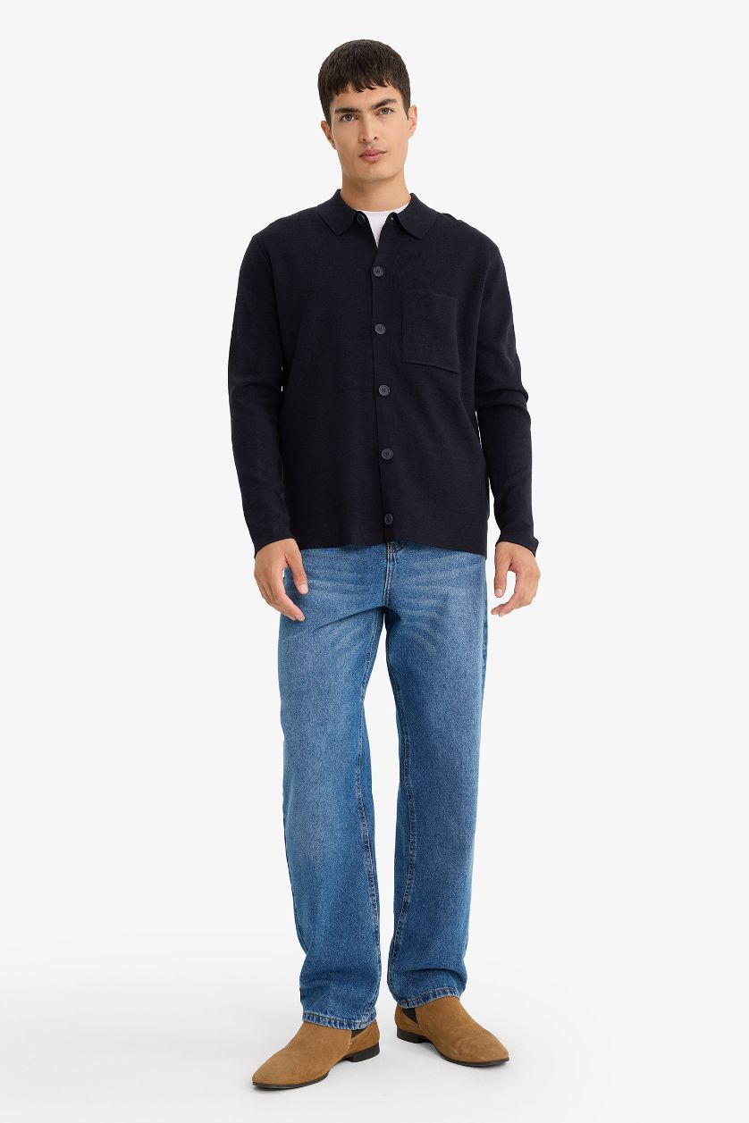 رجال كحلي جاكيت تريكو قصة عادية بياخة بولو