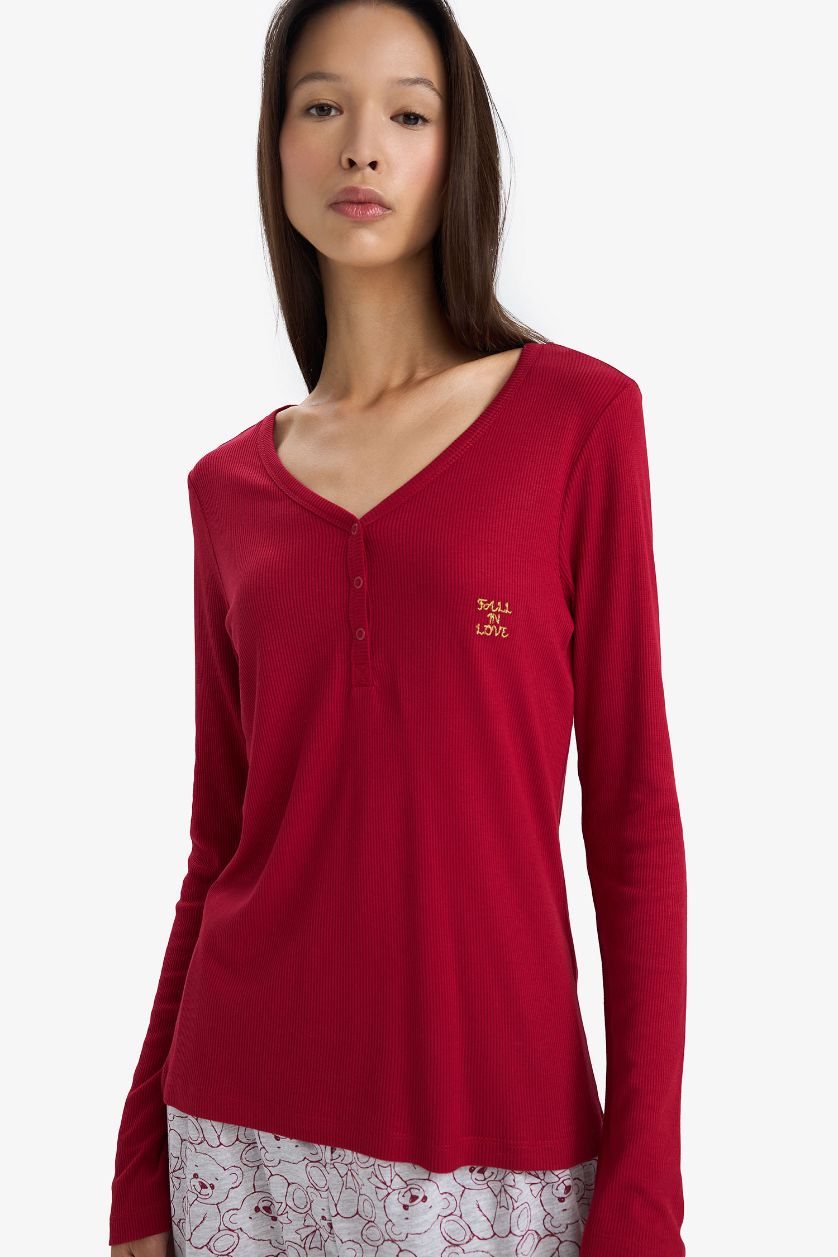 Kadın Bordo Regular Fit V Yaka Uzun Kollu Fitilli Kaşkorse Pijama Üstü
