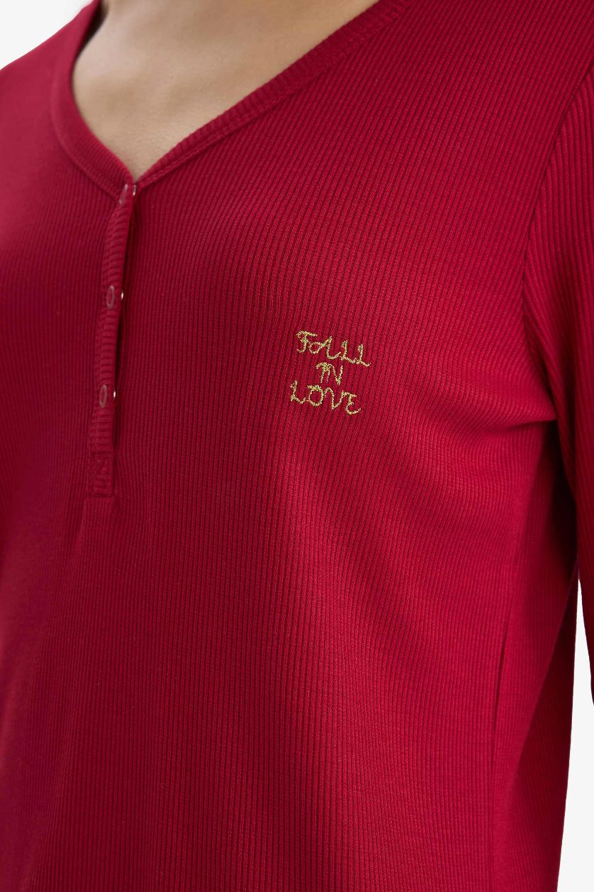 Kadın Bordo Regular Fit V Yaka Uzun Kollu Fitilli Kaşkorse Pijama Üstü