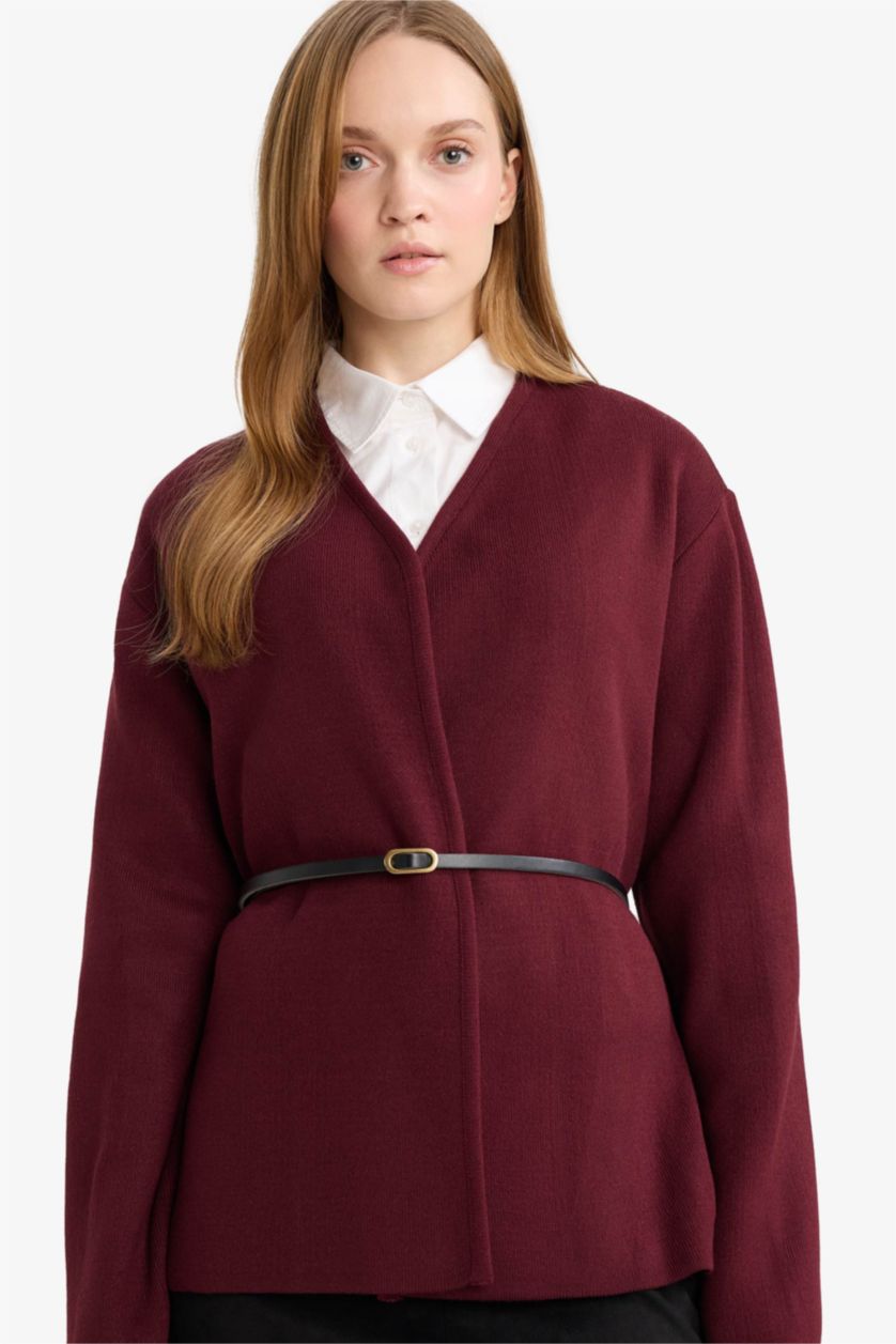 WOMAN Bordeaux Slim Fit V-Neck Knitwear Cardigan