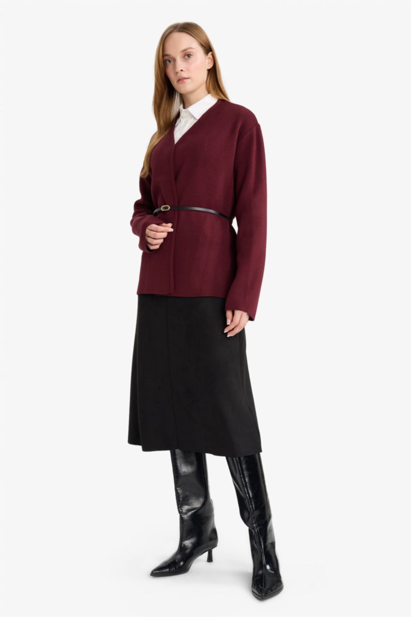 WOMAN Bordeaux Slim Fit V-Neck Knitwear Cardigan