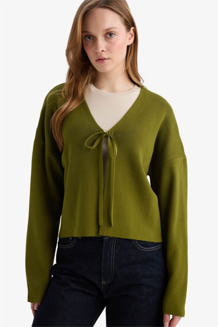 حريمي كاكي كارديجان صوف برقبة على شكل V قصة عادية