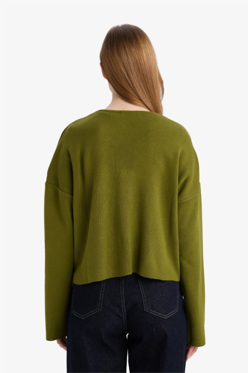 حريمي كاكي كارديجان صوف برقبة على شكل V قصة عادية