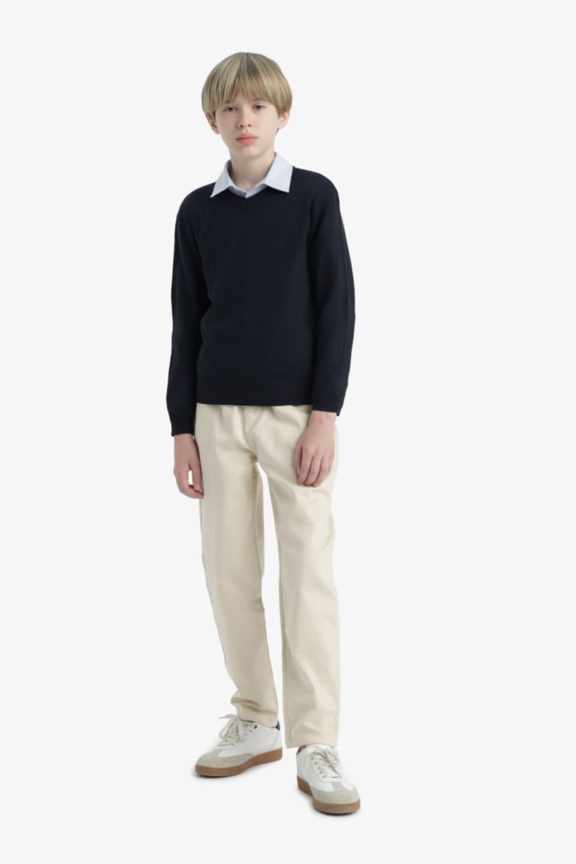 Erkek Çocuk - Genç Erkek Lacivert Okul V Yaka Triko Kazak Erkek Çocuk