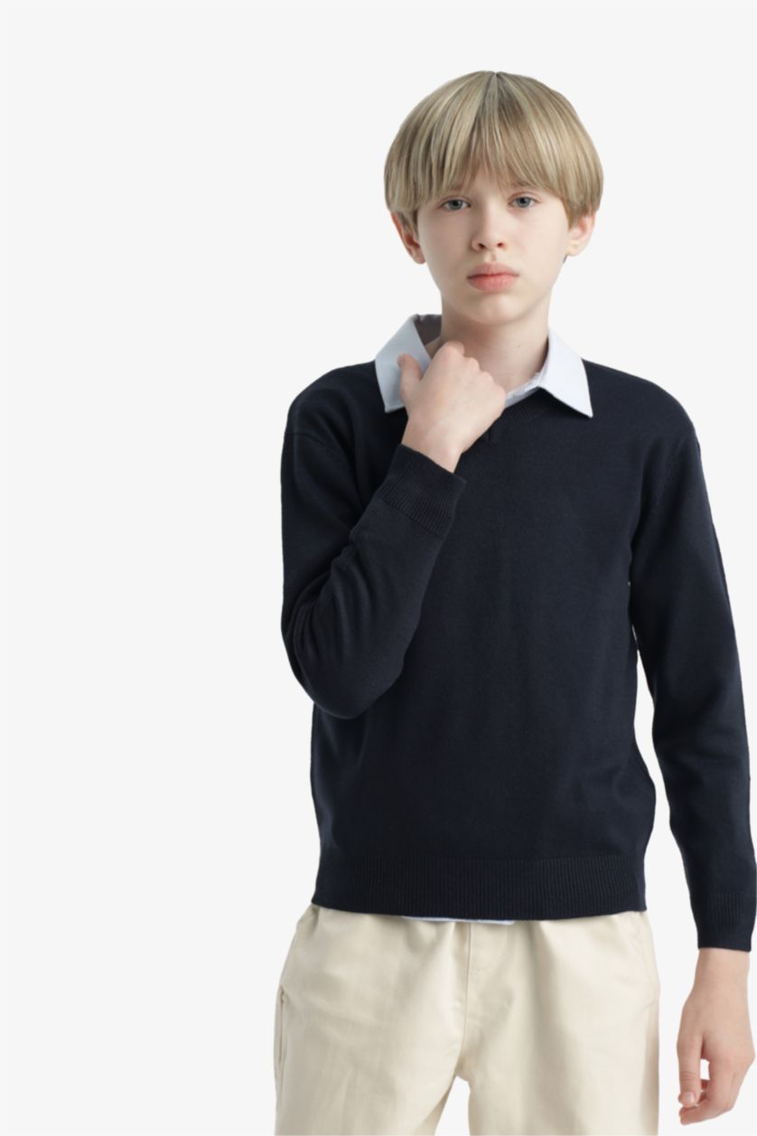 Erkek Çocuk - Genç Erkek Lacivert Okul V Yaka Triko Kazak Erkek Çocuk