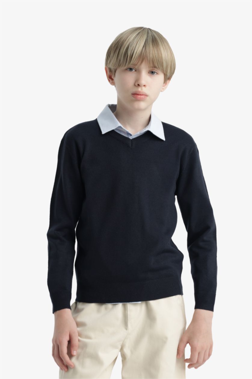 Erkek Çocuk - Genç Erkek Lacivert Okul V Yaka Triko Kazak Erkek Çocuk