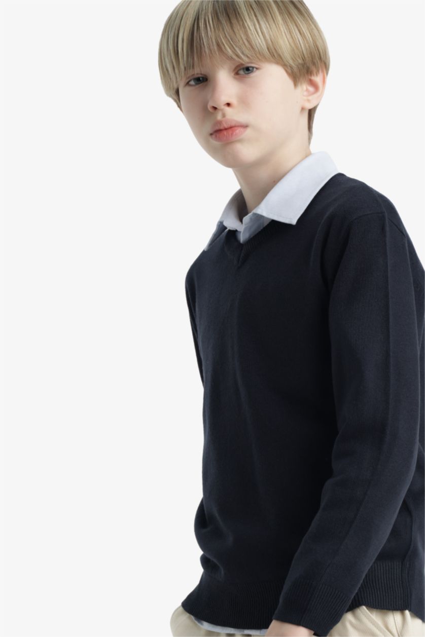 Erkek Çocuk - Genç Erkek Lacivert Okul V Yaka Triko Kazak Erkek Çocuk