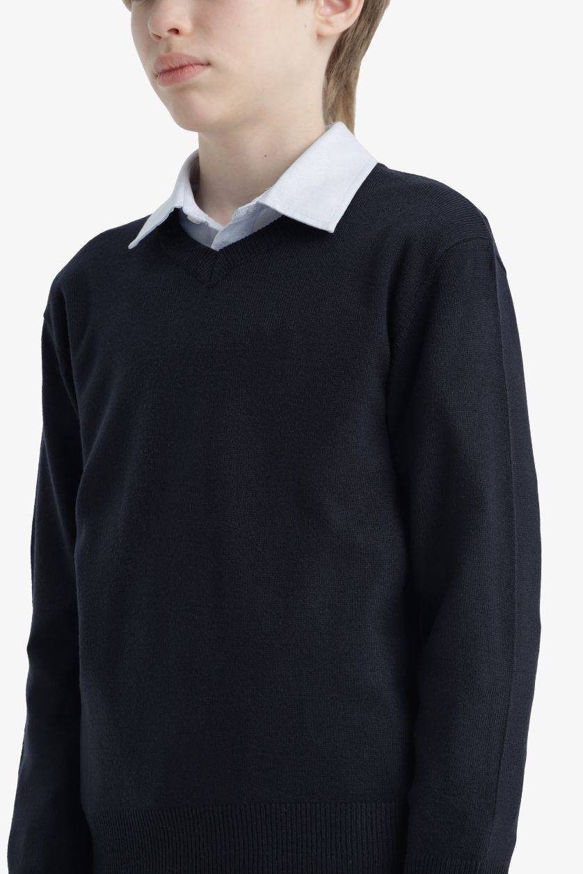 Erkek Çocuk - Genç Erkek Lacivert Okul V Yaka Triko Kazak Erkek Çocuk