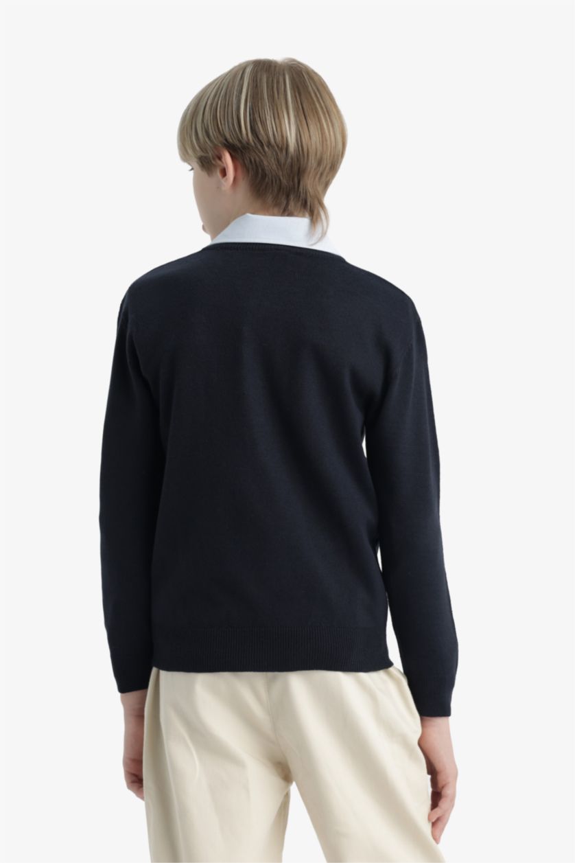 Erkek Çocuk - Genç Erkek Lacivert Okul V Yaka Triko Kazak Erkek Çocuk