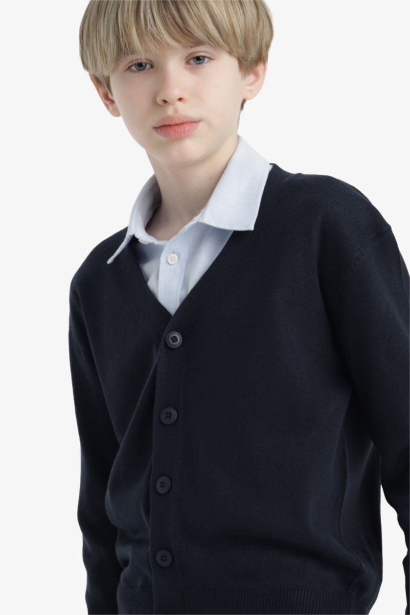 Erkek Çocuk - Genç Erkek Lacivert V Yaka Düğmeli Okul Triko Hırkası Erkek Çocuk