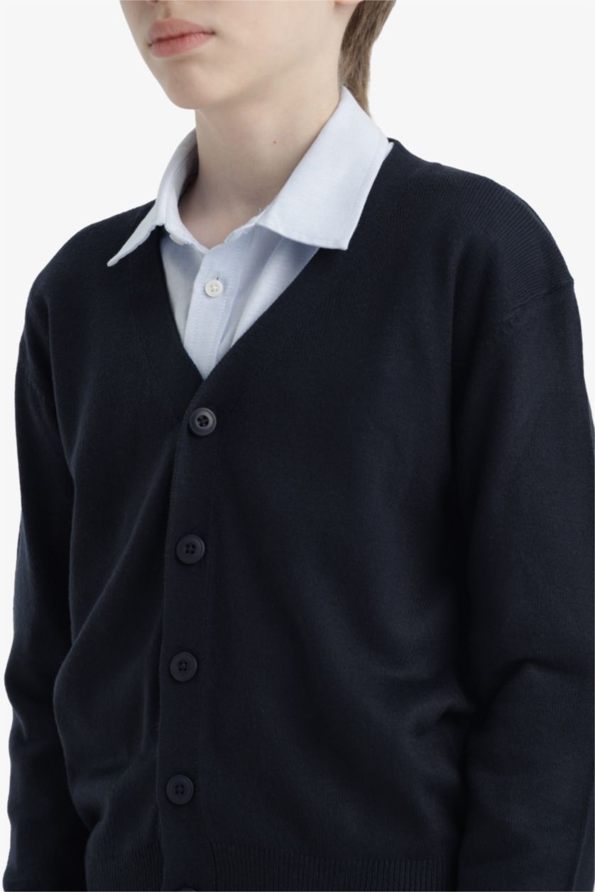 Erkek Çocuk - Genç Erkek Lacivert V Yaka Düğmeli Okul Triko Hırkası Erkek Çocuk