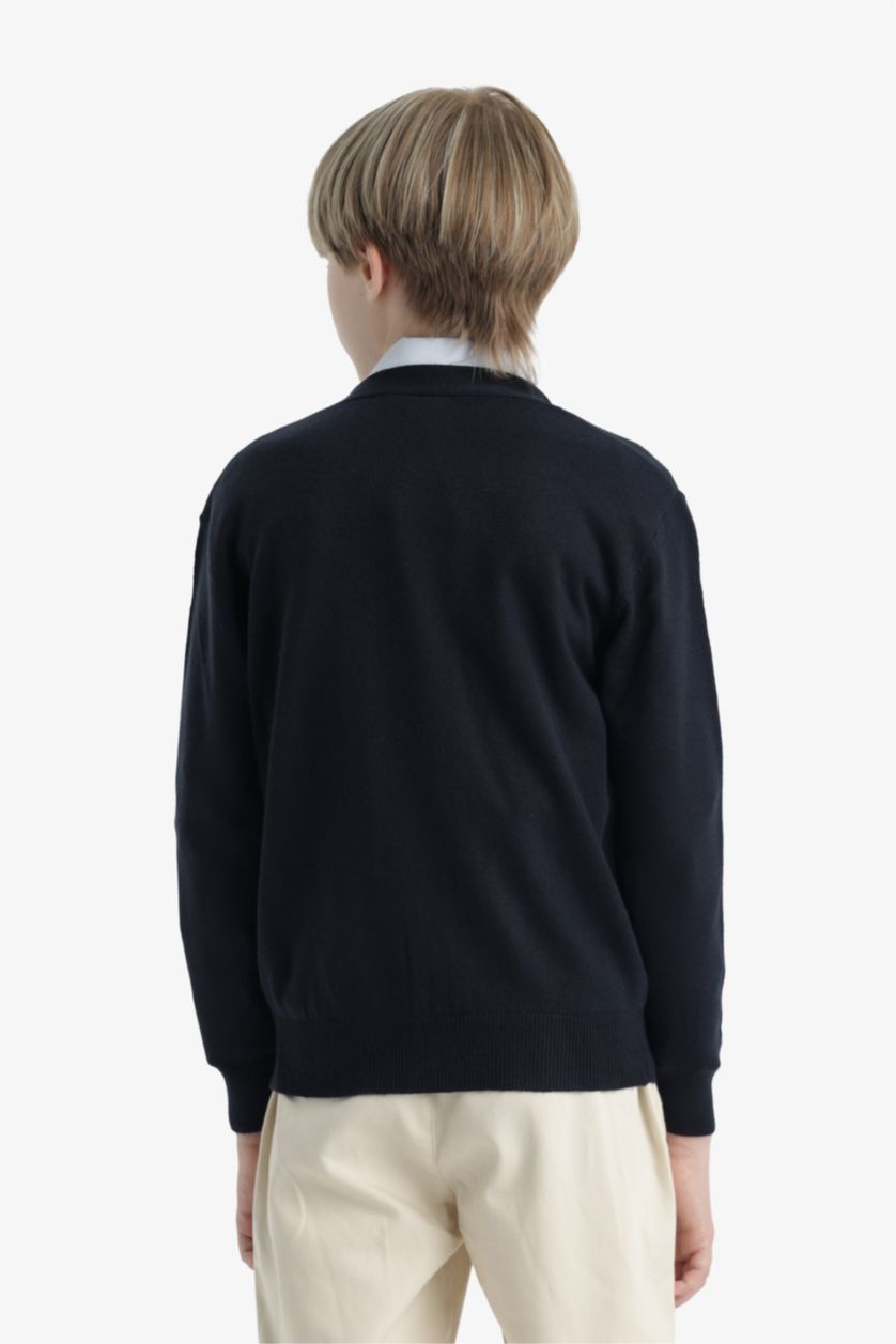 Erkek Çocuk - Genç Erkek Lacivert V Yaka Düğmeli Okul Triko Hırkası Erkek Çocuk