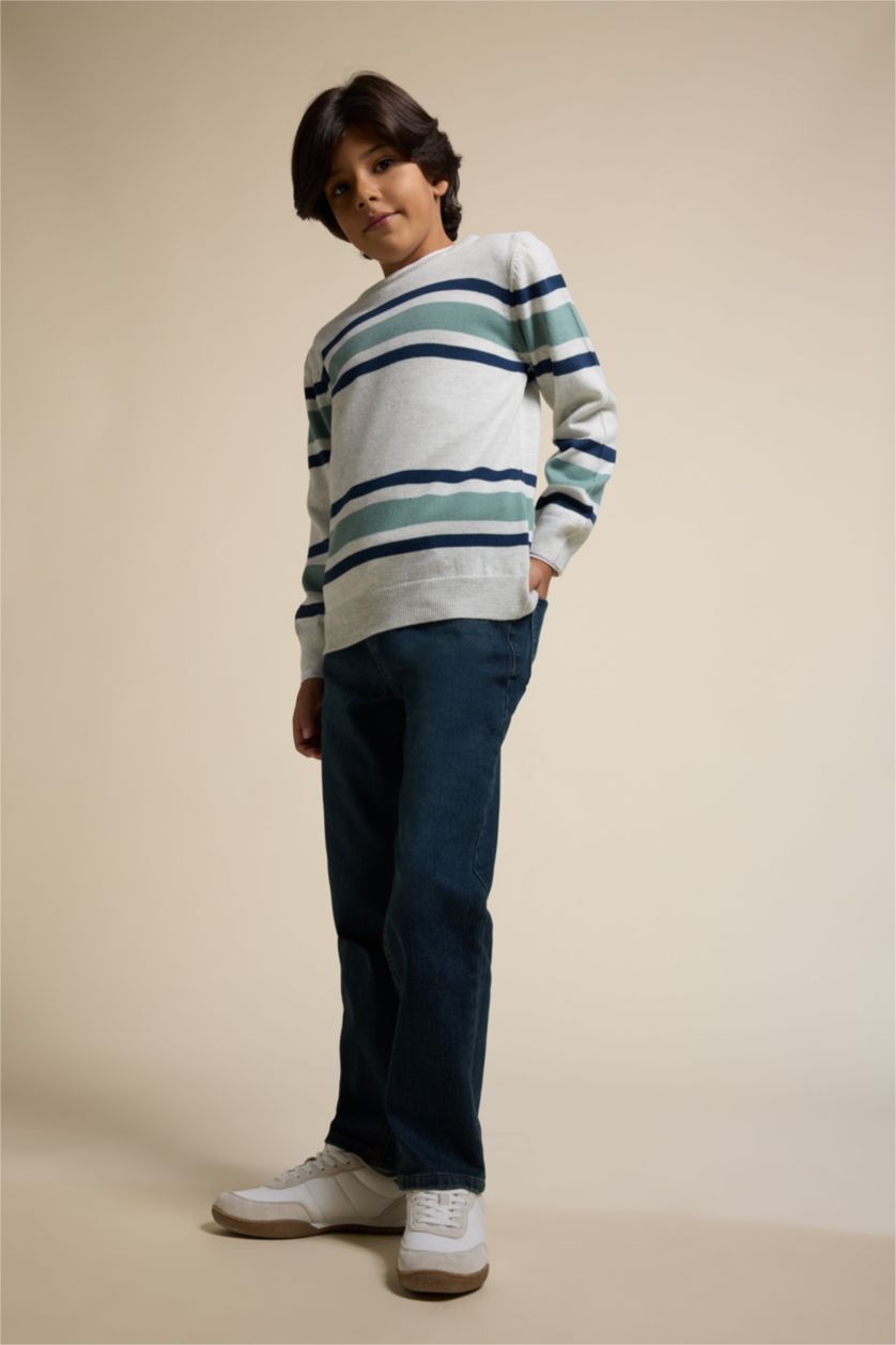 Erkek Çocuk - Genç Erkek Ekru Melanj Bisiklet Yaka Çizgili Triko Kazak Erkek Çocuk