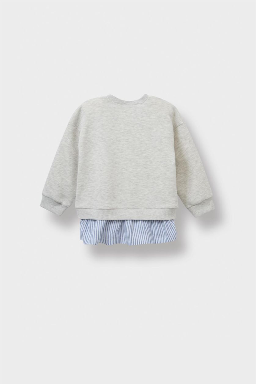 طفلة صغيرة ميلانج رمادي فاتح سويت شيرت بنات مطبوع قصة عادية برقبة مستديرة ببطانة ناعمة