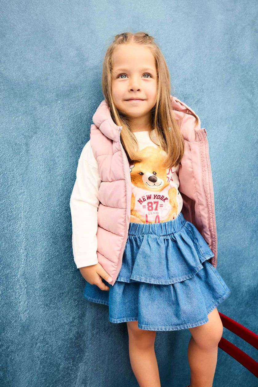 Baby Girl Ecru Girl Crew Neck Bear Printed Long Sleeve T-Shirt