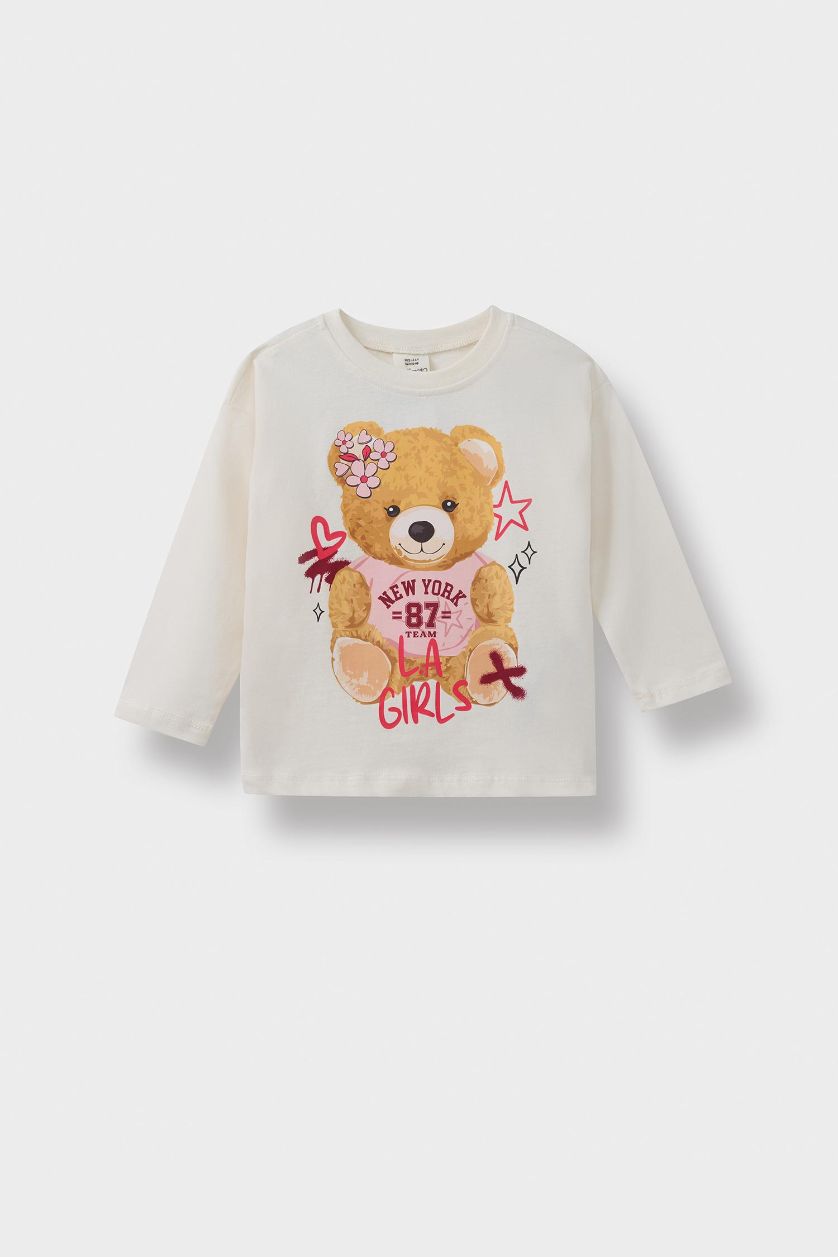 Baby Girl Ecru Girl Crew Neck Bear Printed Long Sleeve T-Shirt