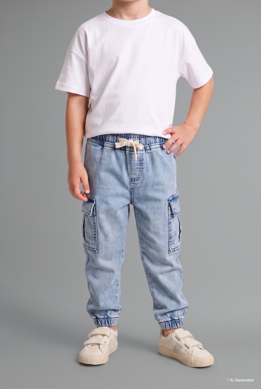 Baby Boy Light Blue Baby Boy Elastic Waist Cargo Pocket Jogger Jeans