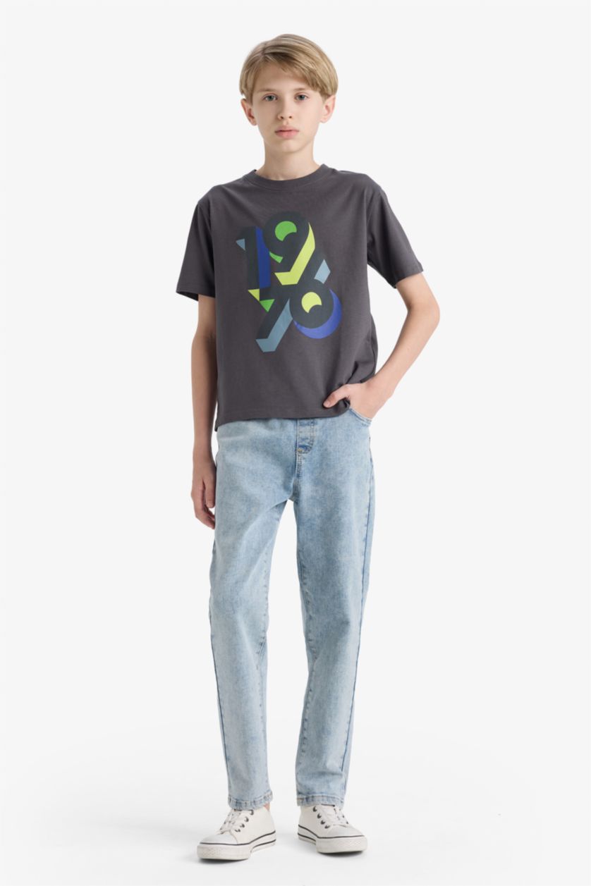 Erkek Çocuk - Genç Erkek Antrasit Bisiklet Yaka Baskılı Kısa Kollu Tişört Erkek Çocuk