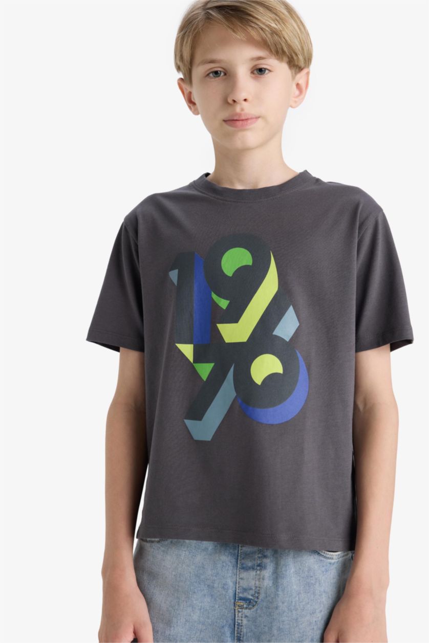 Erkek Çocuk - Genç Erkek Antrasit Bisiklet Yaka Baskılı Kısa Kollu Tişört Erkek Çocuk