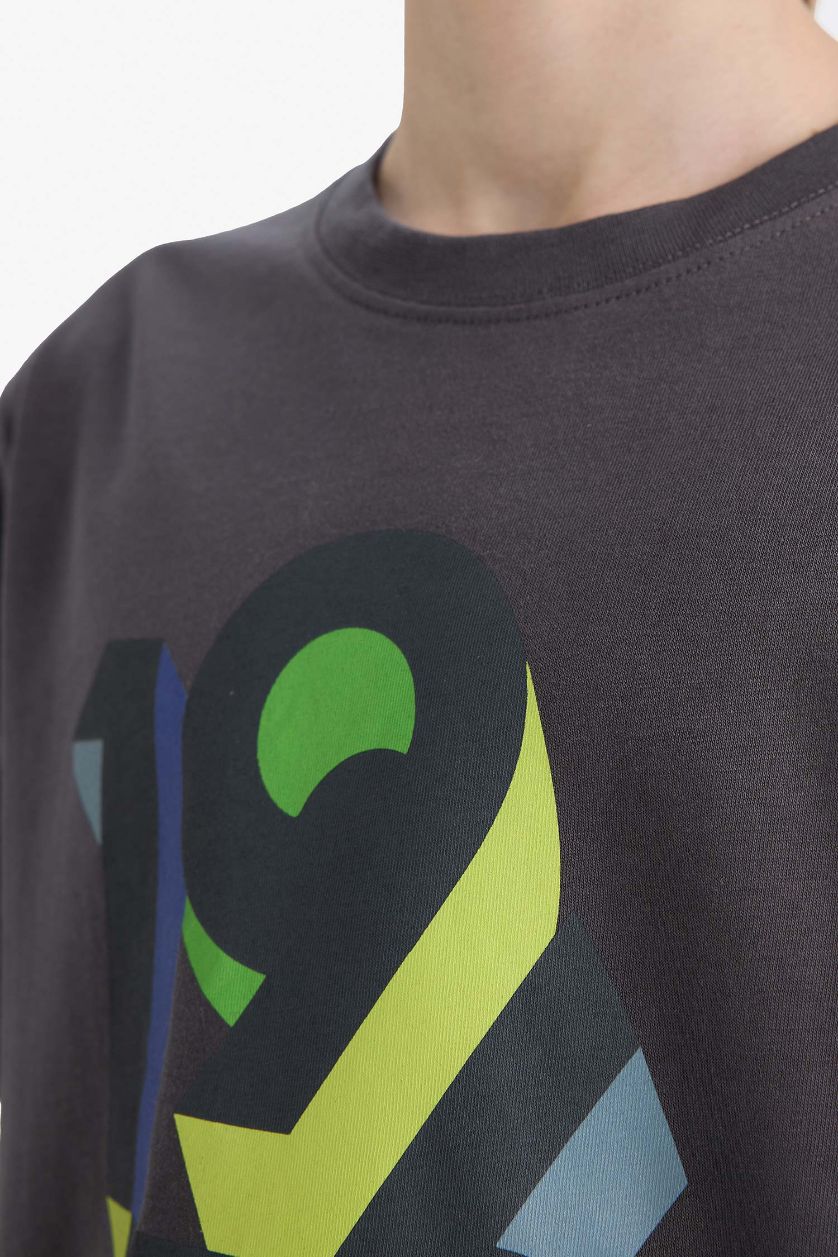 Erkek Çocuk - Genç Erkek Antrasit Bisiklet Yaka Baskılı Kısa Kollu Tişört Erkek Çocuk