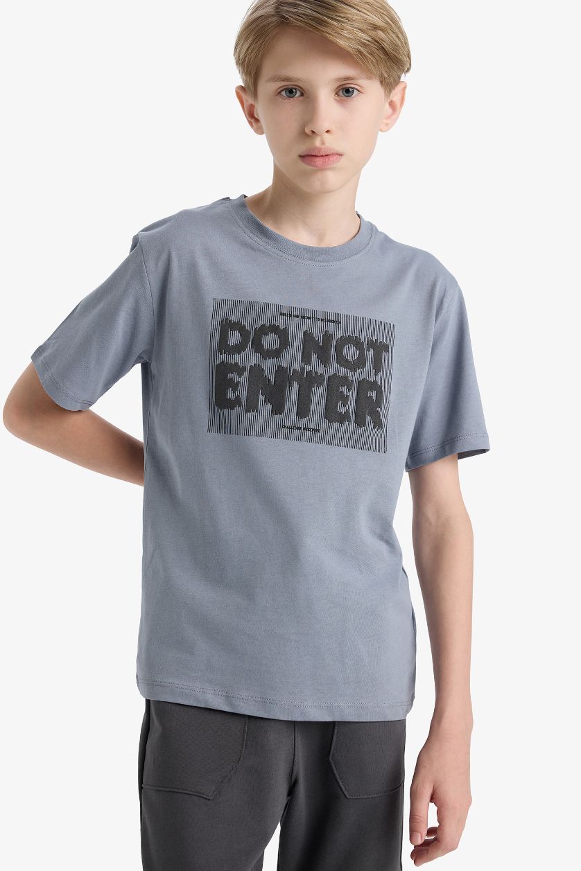Erkek Çocuk - Genç Erkek Gri Bisiklet Yaka Baskılı Kısa Kollu Tişört Erkek Çocuk