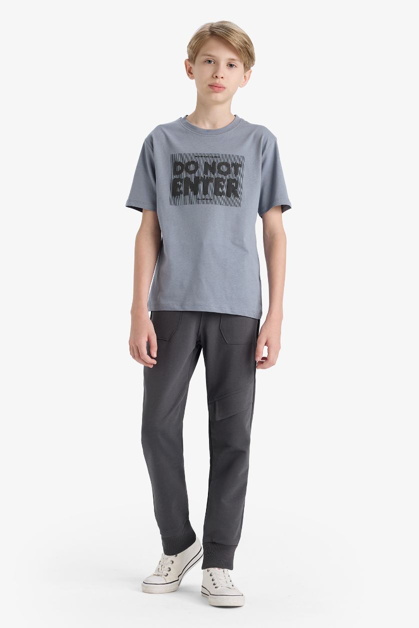 Erkek Çocuk - Genç Erkek Gri Bisiklet Yaka Baskılı Kısa Kollu Tişört Erkek Çocuk