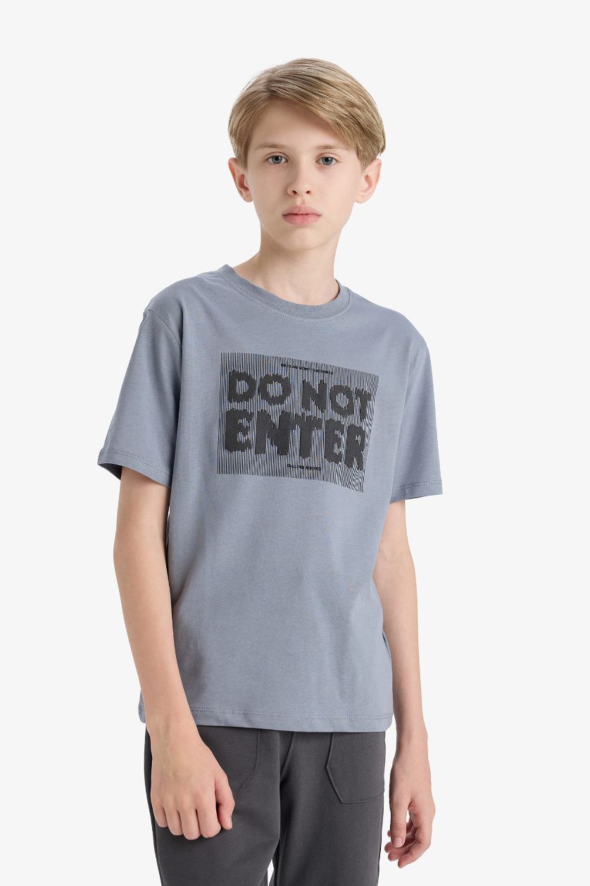 Erkek Çocuk - Genç Erkek Gri Bisiklet Yaka Baskılı Kısa Kollu Tişört Erkek Çocuk