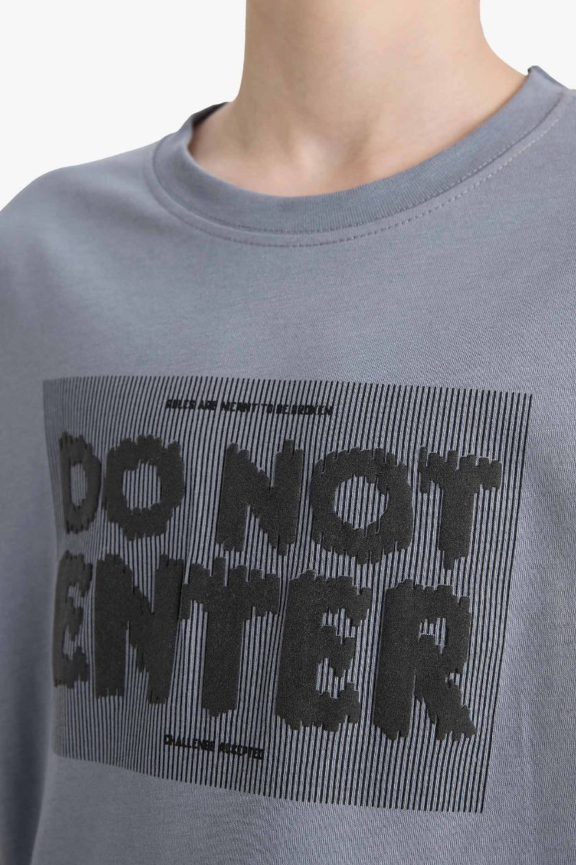 Erkek Çocuk - Genç Erkek Gri Bisiklet Yaka Baskılı Kısa Kollu Tişört Erkek Çocuk