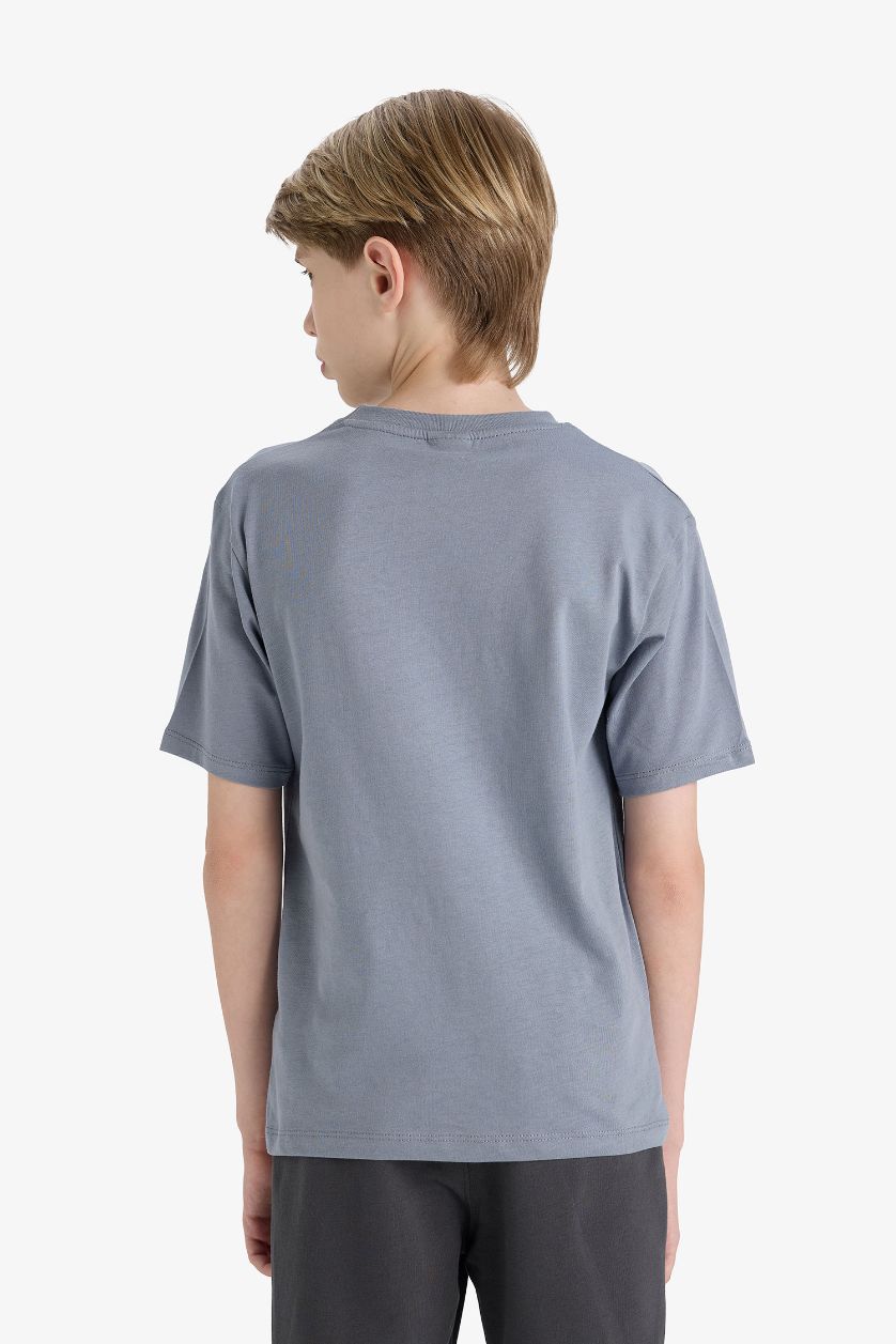 Erkek Çocuk - Genç Erkek Gri Bisiklet Yaka Baskılı Kısa Kollu Tişört Erkek Çocuk