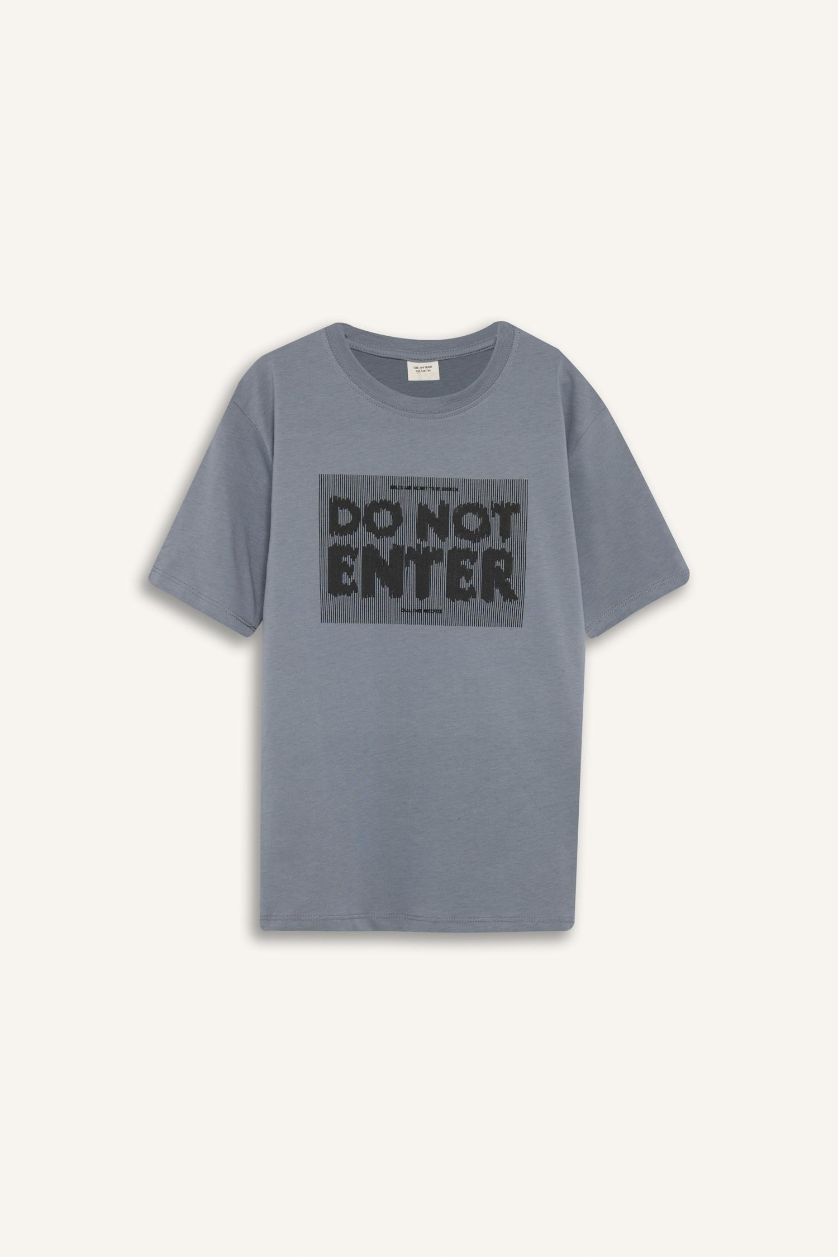 Erkek Çocuk - Genç Erkek Gri Bisiklet Yaka Baskılı Kısa Kollu Tişört Erkek Çocuk