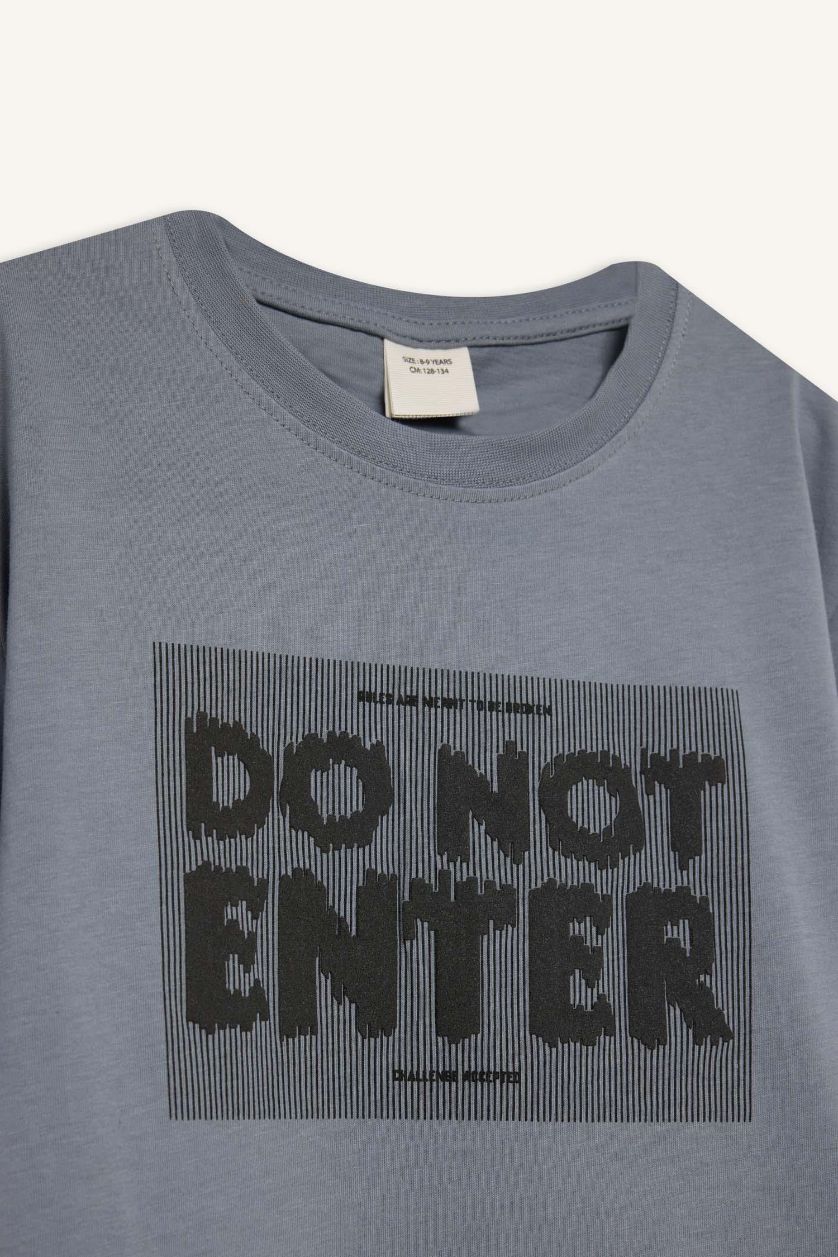 Erkek Çocuk - Genç Erkek Gri Bisiklet Yaka Baskılı Kısa Kollu Tişört Erkek Çocuk