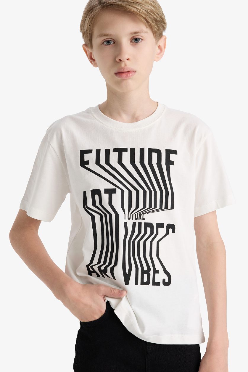 Erkek Çocuk - Genç Erkek Kırık Beyaz Bisiklet Yaka Baskılı Kısa Kollu Tişört Erkek Çocuk