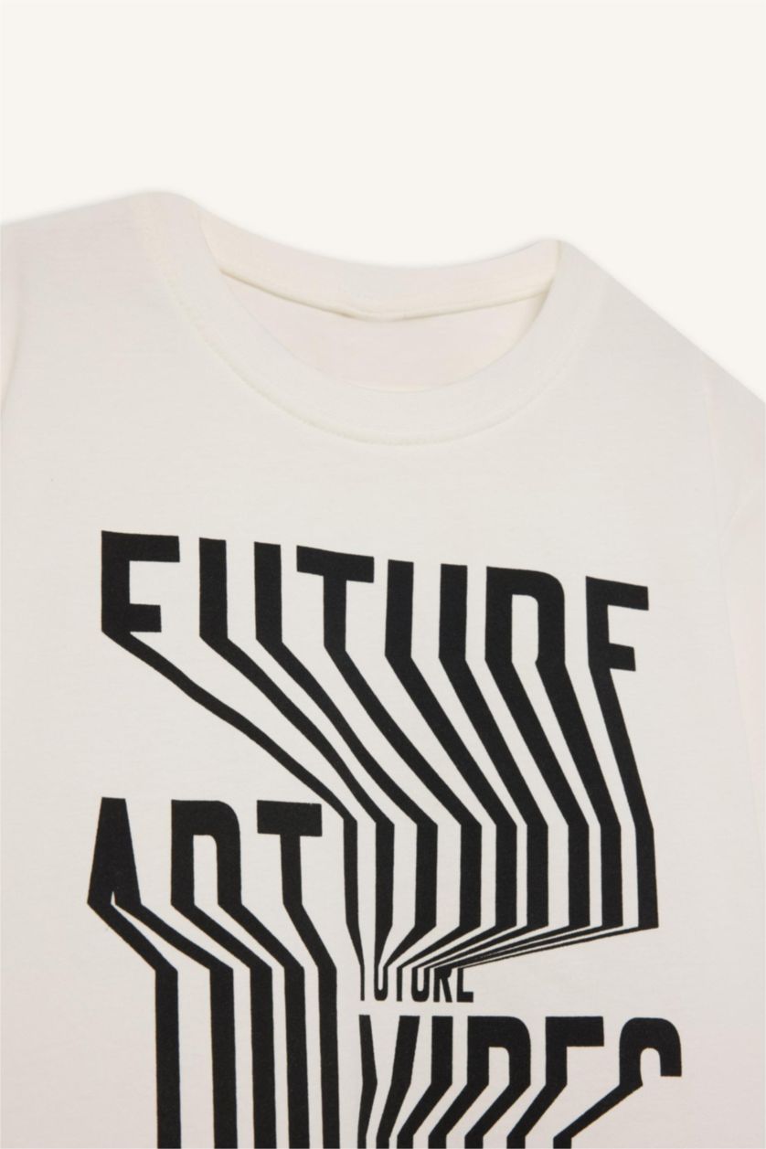 Erkek Çocuk - Genç Erkek Kırık Beyaz Bisiklet Yaka Baskılı Kısa Kollu Tişört Erkek Çocuk